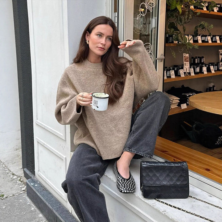 Damen Oversized Feinstrick-Pullover mit Rundhalsausschnitt und Ballonärmeln Drune