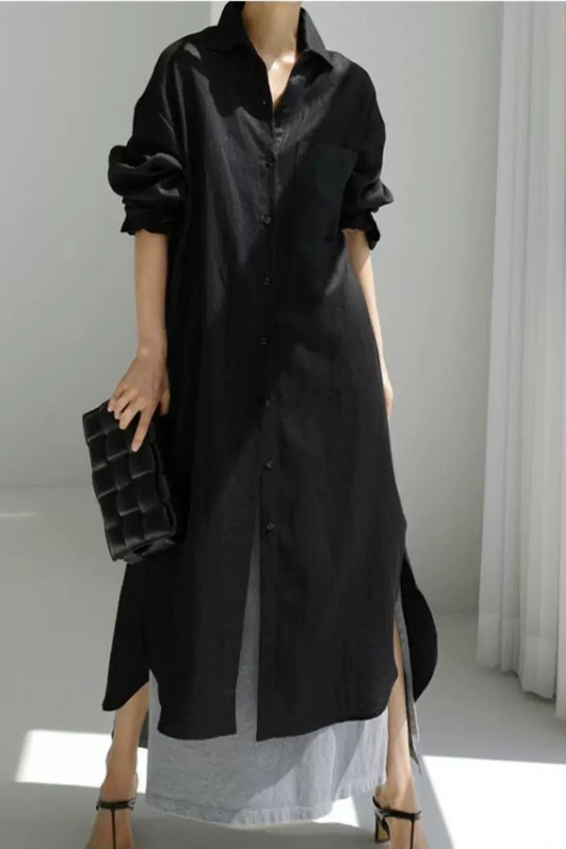 Damen Oversize-Leinen-Hemdmaxikleid mit Stehkragen, Krempelärmeln und hohen Seitenschlitzen Drune