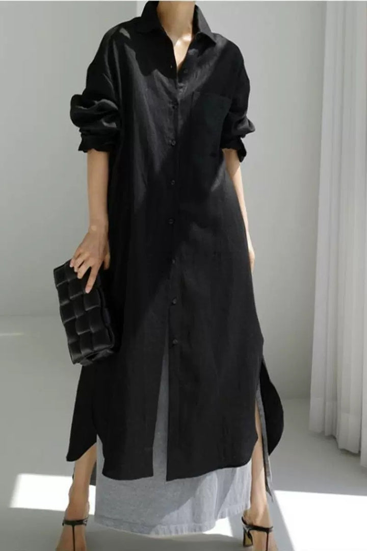 Damen Oversize-Leinen-Hemdmaxikleid mit Stehkragen, Krempelärmeln und hohen Seitenschlitzen Drune