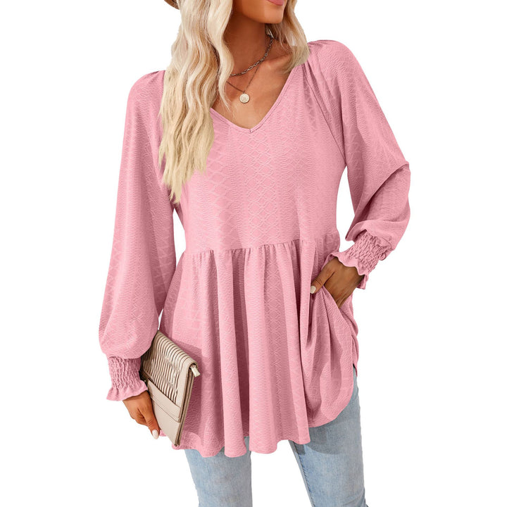 Damen lässiges V-Ausschnitt Blusenshirt mit Rüschen und Taschen Drune