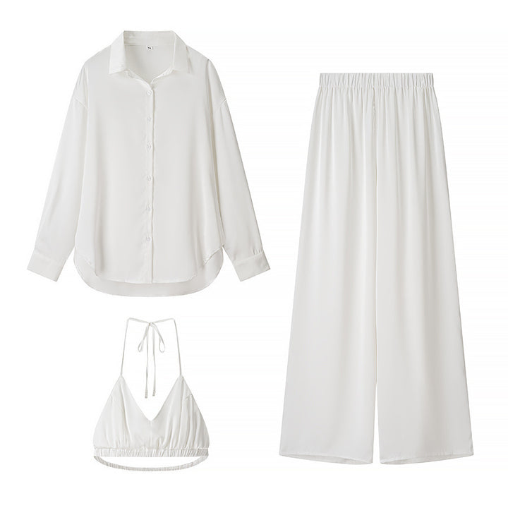 Damen nan elegantes Dreiteiler-Set Oversize-Hemd Highwaist-Weitbeinhose und Neckholder-Croptop Drune