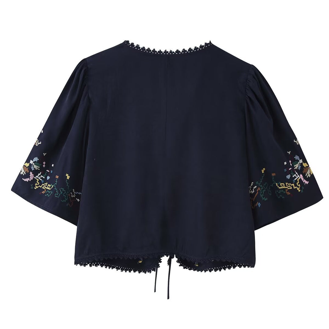 Damen Bestickte Boho-Kimono-Jacke mit Bindeband und Häkelbesatz Drune
