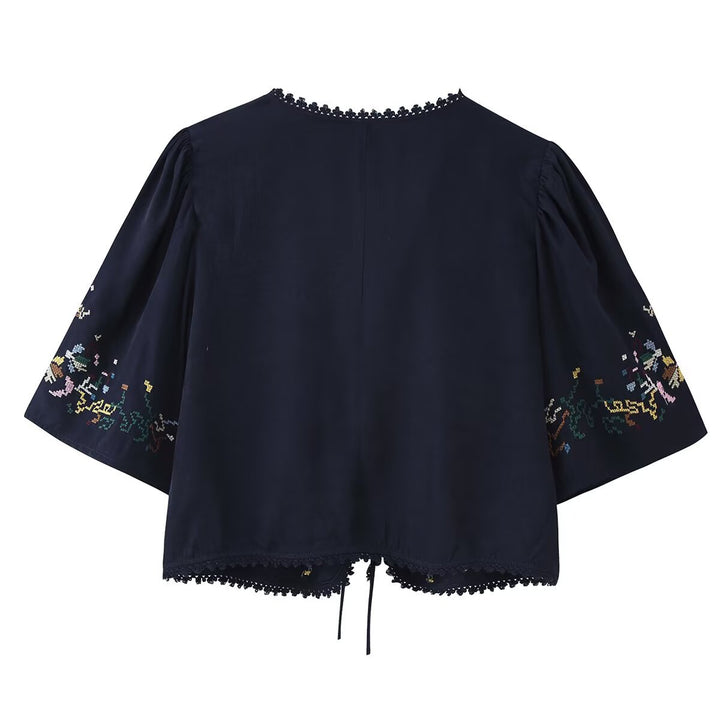 Damen Bestickte Boho-Kimono-Jacke mit Bindeband und Häkelbesatz Drune