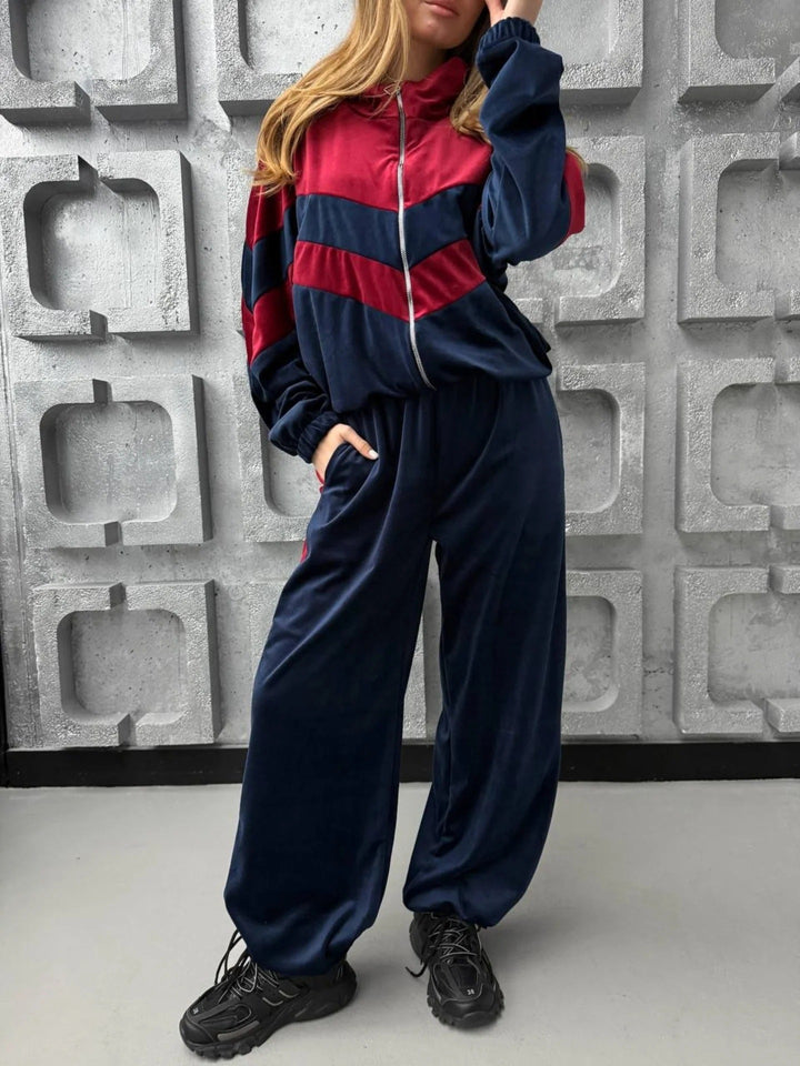 Damen Retro-inspiriertes Samt-Trackset mit Chevron-Design, Stehkragen und weiter High-Waist-Jogger Drune