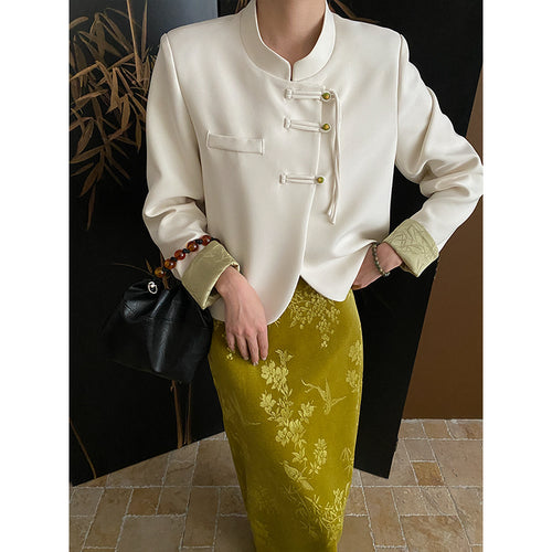 Damen komfortable Chiffon-Jacke mit asiatischen Knopfdetails Drune