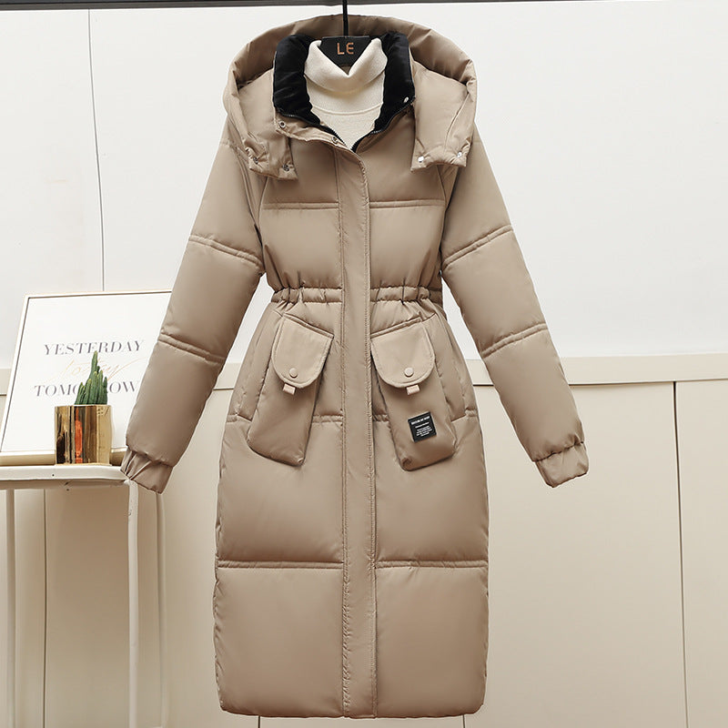Damen Lange Pufferjacke mit abnehmbarer Kapuze und großen Taschen Drune
