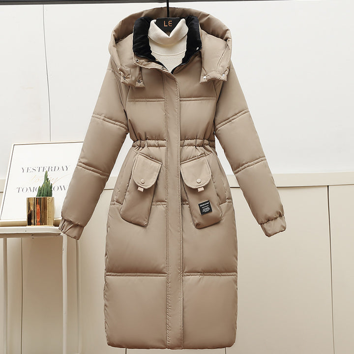 Damen Lange Pufferjacke mit abnehmbarer Kapuze und großen Taschen Drune