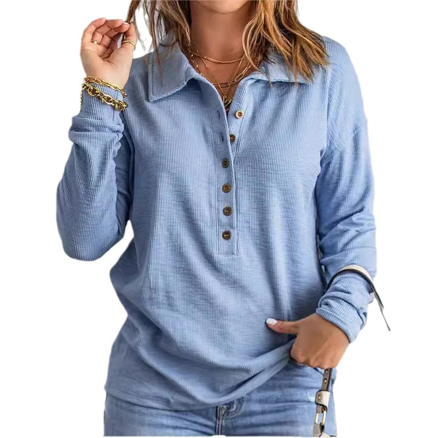 Damen Langarm-Bluse mit knöpfbarem Kragen und strukturiertem Stoff Drune