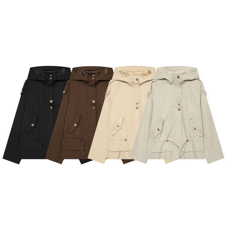 Damen leichter taillierbarer Kapuzen‑Parka mit Tunnelzug, Pattentaschen und Knopfleiste Drune
