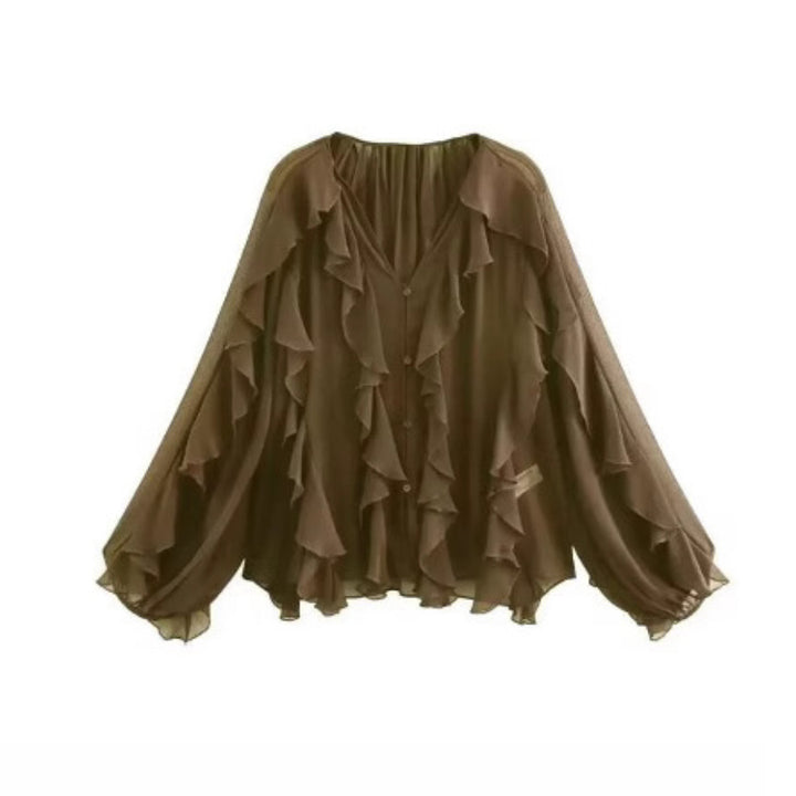 Damen nan feminine Chiffon-Volantbluse mit Ballonärmeln und V-Ausschnitt Drune