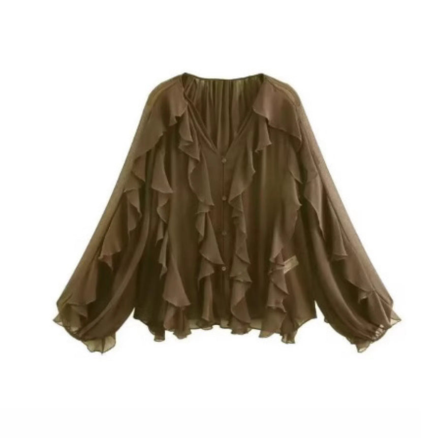 Damen nan feminine Chiffon-Volantbluse mit Ballonärmeln und V-Ausschnitt Drune