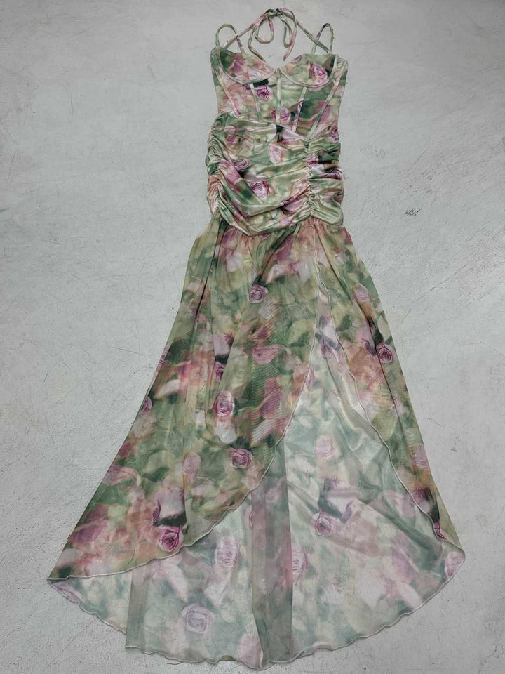 Damen romantisches Maxikleid mit floralem Druck und raffinierten Rüschendetails Drune