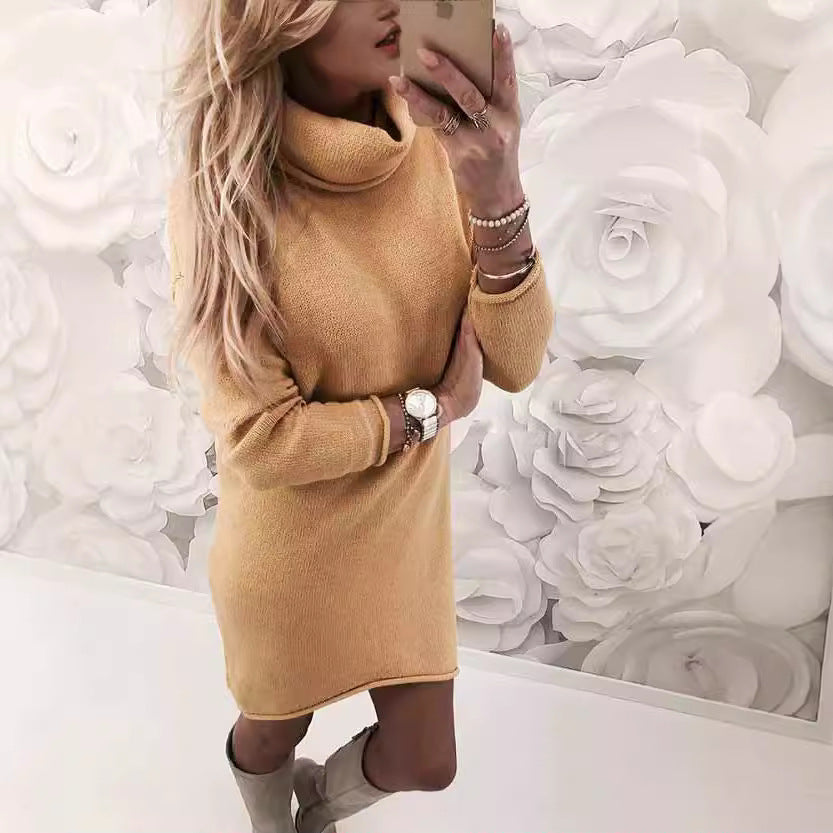 Damen Gemütliches Rollkragen Mini Kleid aus Feinstrick mit Geradem Schnitt Drune