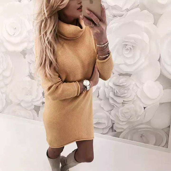 Damen Gemütliches Rollkragen Mini Kleid aus Feinstrick mit Geradem Schnitt Drune