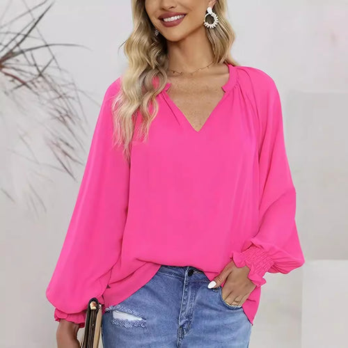Damen Elegantes V-Ausschnitt Bluse mit Puffärmeln Drune
