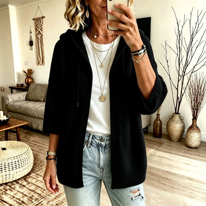 Damen Kapuzen-Longcardigan aus grobem Strick mit 3/4-Ärmeln und offener Front Drune