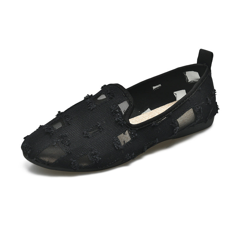 Damen nan lässiger Slipper mit Netz-Einsätzen und ausgefransten Jeansdetails Drune