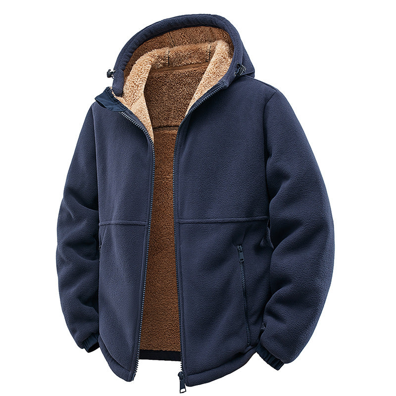 Herren Gefütterte Teddy-Fleece-Kapuzenjacke mit Zwei-Wege-Reißverschluss & Reißverschlusstaschen Drune