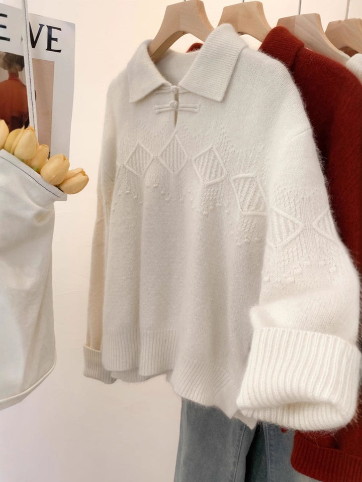 Damen Polokragen-Pullover im Mohair‑Look mit Ajour‑Zopfmuster, überschnittener Schulter und weiter Silhouette Drune