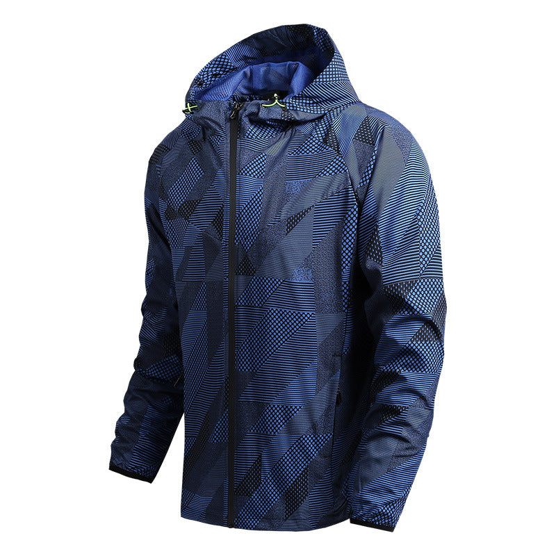 Herren atmungsaktive Softshell-Kapuzenjacke mit geometrischem Allover-Print und sportlicher Passform Drune