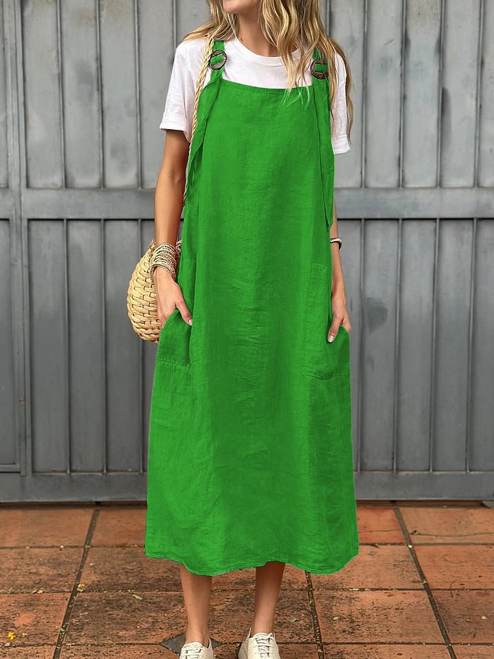 Damen lässiges Leinenkleid mit praktischen Taschen und verstellbaren Trägern Drune