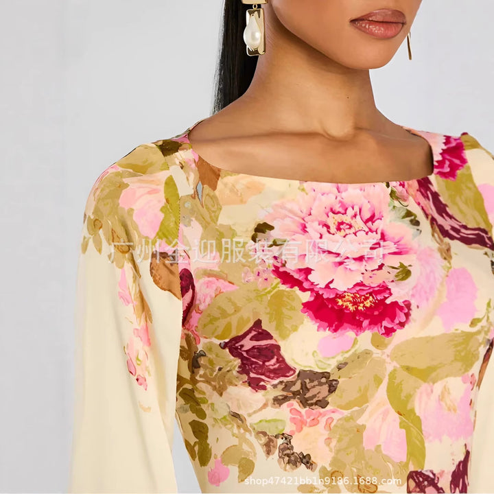 Frauen langen Abendkleid mit Trompetenärmeln und floralem Muster Drune