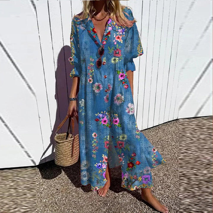 Frauen Fließendes Maxikleid mit Durchgehendem Knopfverschluss V-Ausschnitt und Volksdruck Drune