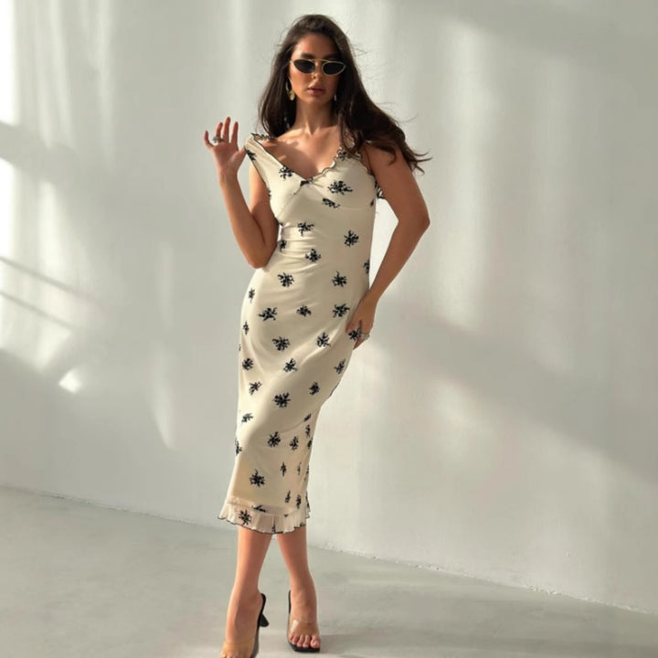 Damen Elegantes Maxikleid mit floralen Motiven und Rüschen Drune