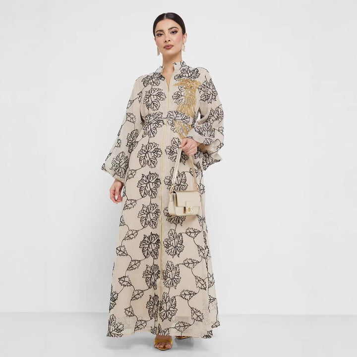 Damen Besticktes Maxikleid im Kaftan-Stil mit Reißverschluss, Taillengürtel und Ballonärmeln Drune