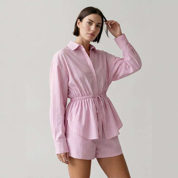 Damen Gestreiftes Loungewear-Set aus Leichtbaumwolle mit Kordel-Taille & Shorts Drune