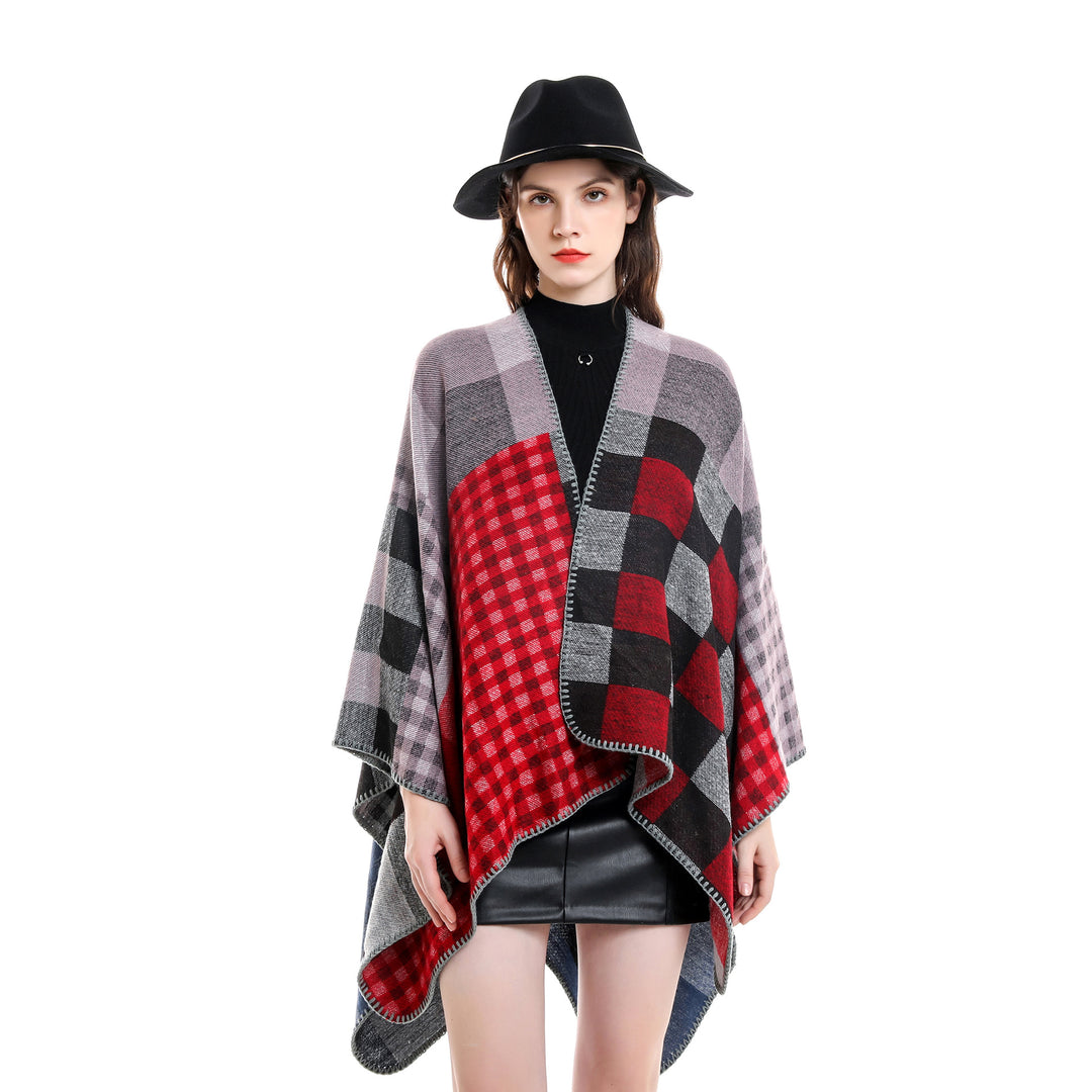 Damen Oversize-Umhang im Karomix aus Wollmix mit Häkelsaum Drune