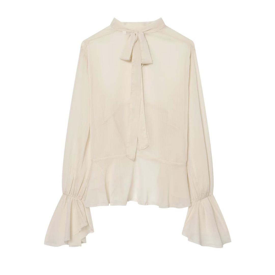 Damen Asymmetrische Volant-Bluse mit hohem Vorderteil, tiefem Rückteil und Trompetenärmeln Drune