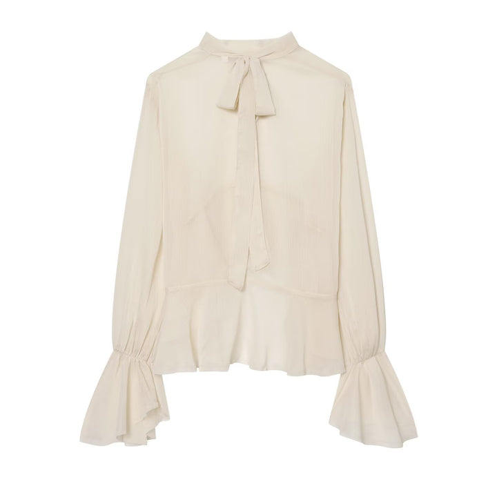 Damen Asymmetrische Volant-Bluse mit hohem Vorderteil, tiefem Rückteil und Trompetenärmeln Drune
