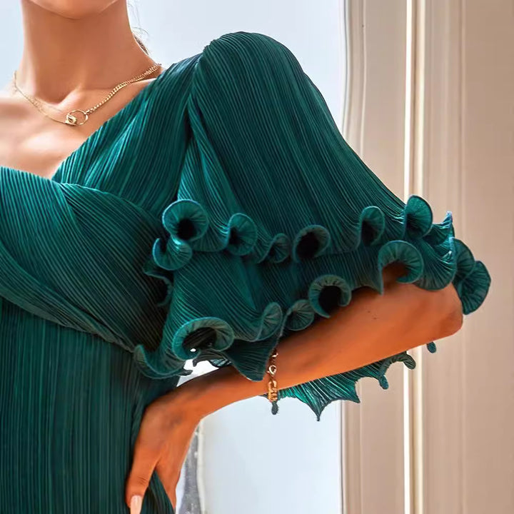 Damen Plisseekleid mit voluminösen Rüscheärmeln Drune