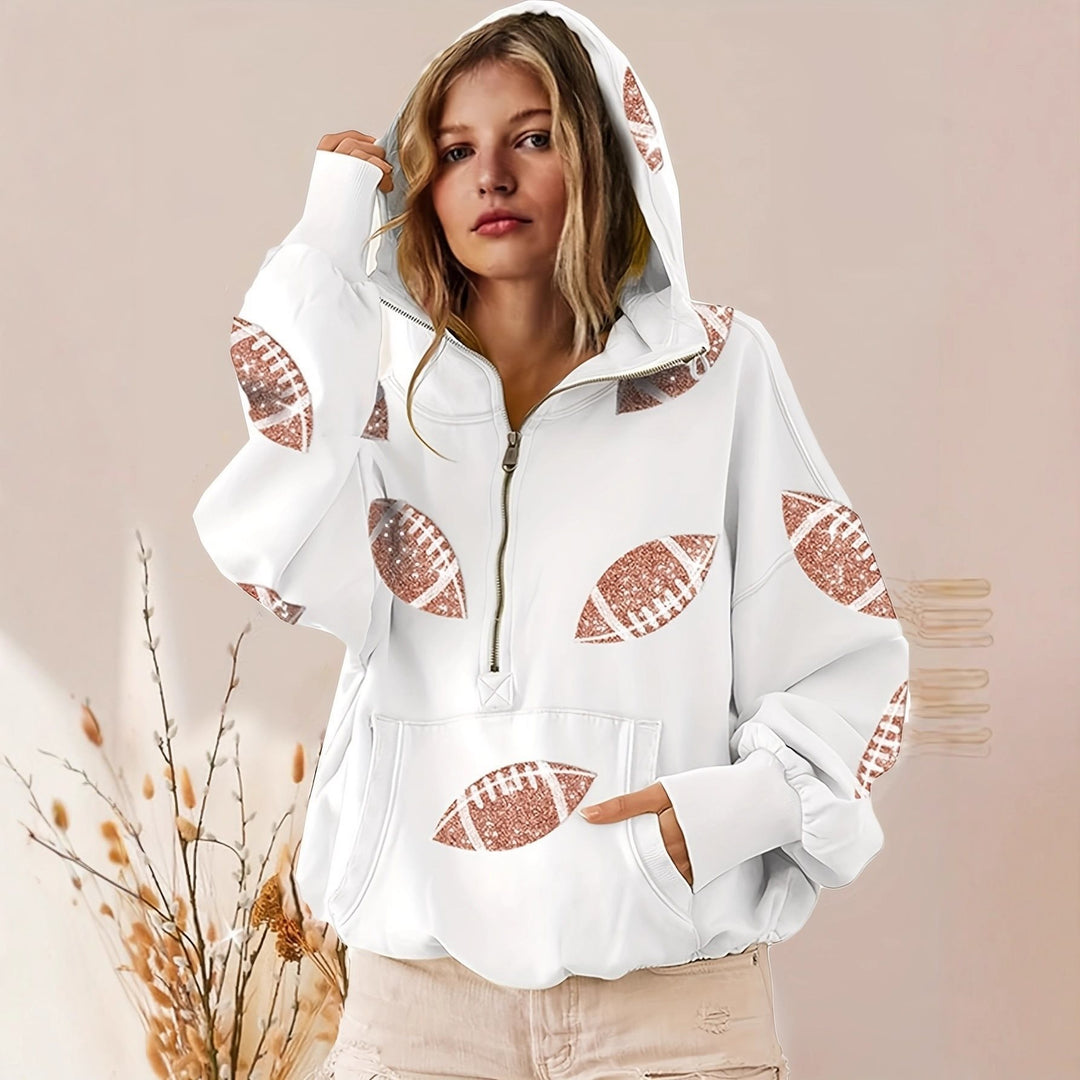 Damen Oversized Kapuzenpullover mit halbem Reißverschluss und Pailletten‑Football-Applikation Drune
