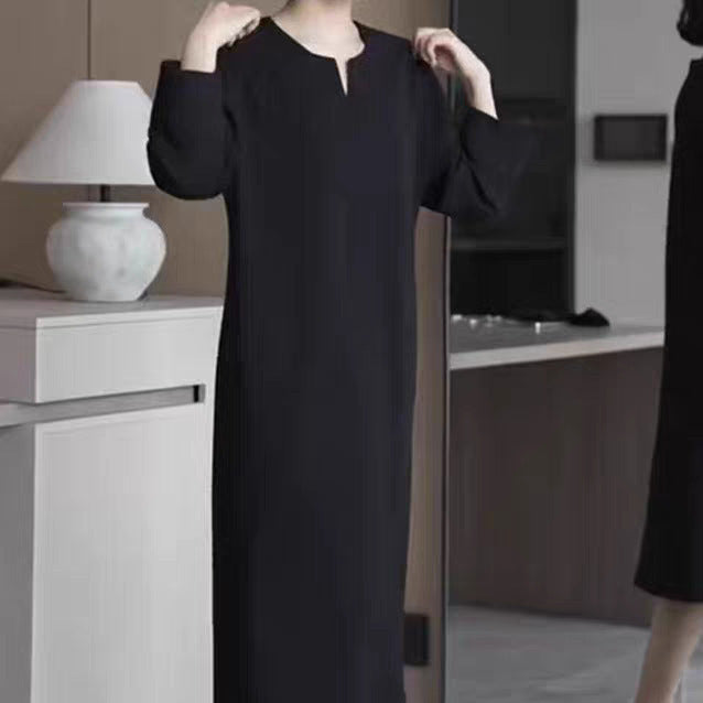 Damen Schlichtes Midikleid mit V-Schlitz, dreiviertel-Ärmeln und geradem Fall Drune