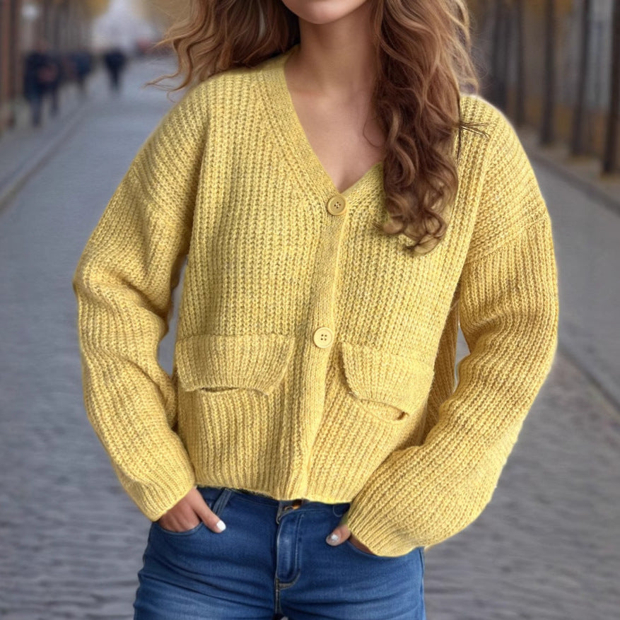 Damen gemütlicher Strickcardigan mit Taschen und breiten Ärmeln Drune