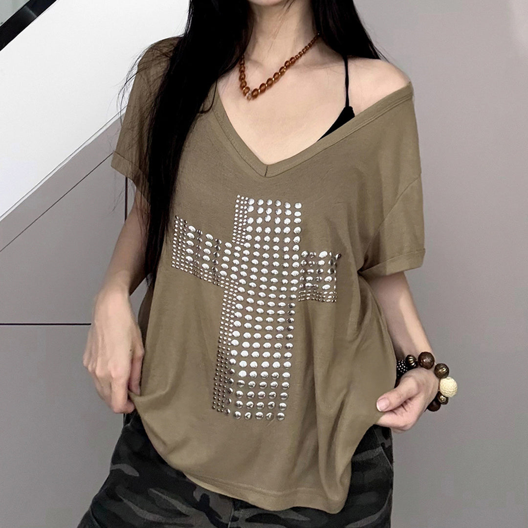 Damen V-Ausschnitt T-Shirt mit stilvollem Nieten-Dekor Drune