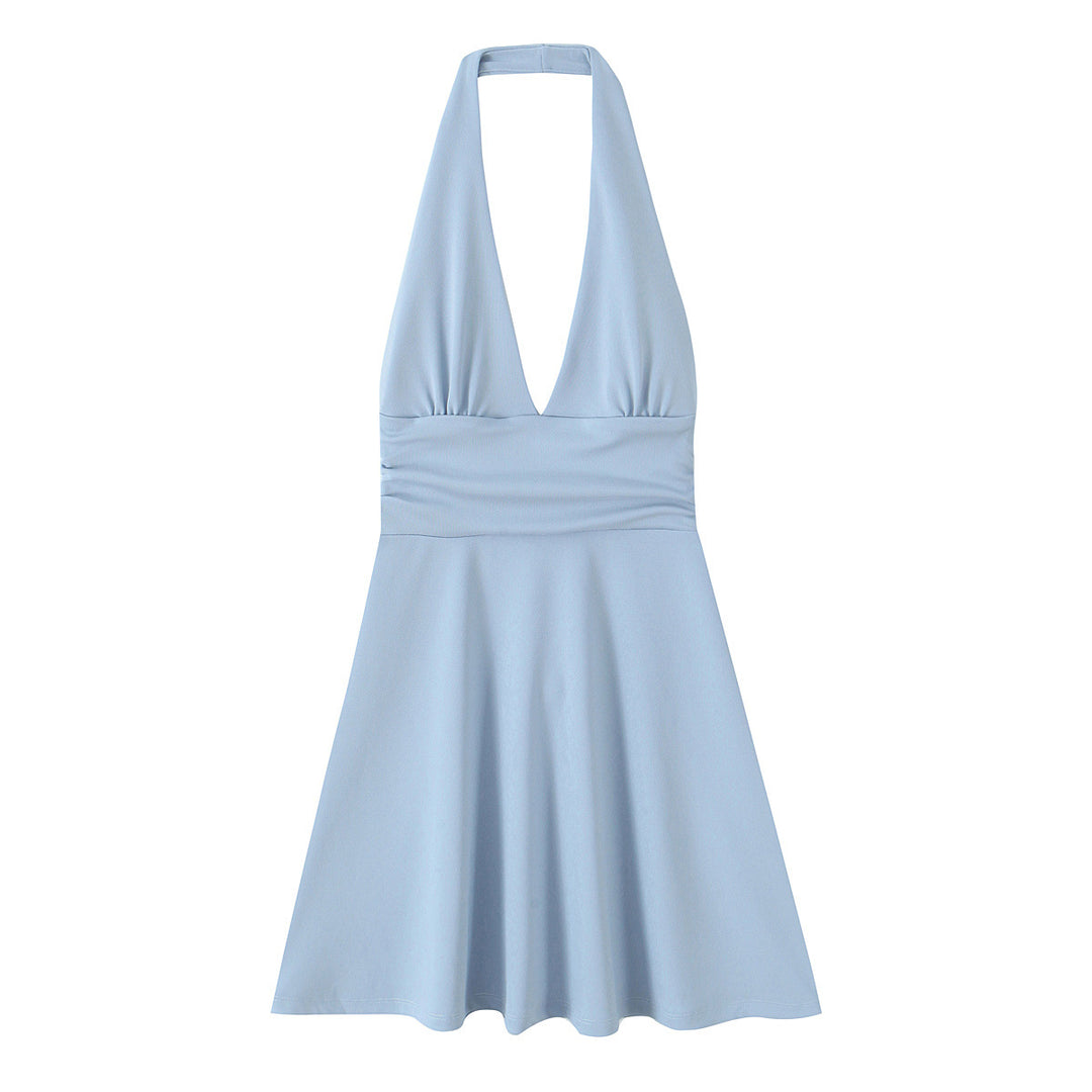 Damen Halterkleid mit tiefem V-Ausschnitt und fließendem Rock Drune