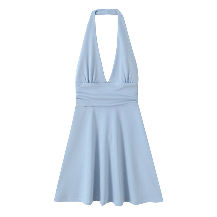 Damen Halterkleid mit tiefem V-Ausschnitt und fließendem Rock Drune