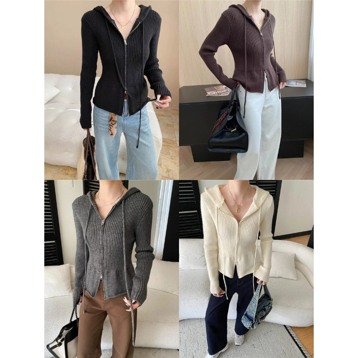 Damen lässige Strickjacke mit Kapuze und Reißverschluss Drune