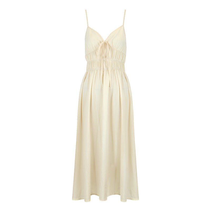Damen Maxikleid mit verstellbaren Spaghettiträgern und elastischem Taillenbund Drune