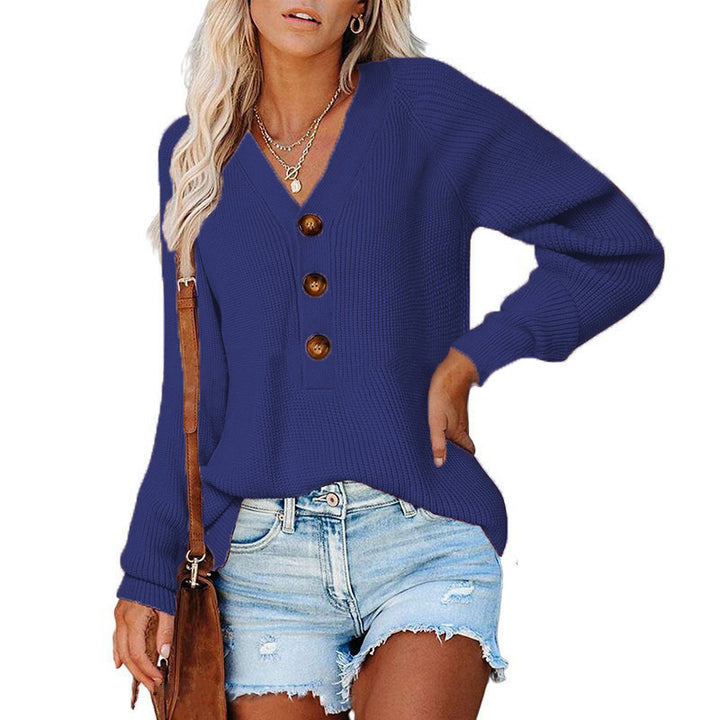 Damen Gerippter Strickpullover mit V‑Ausschnitt, Zierknopfleiste und Ballonärmeln Drune