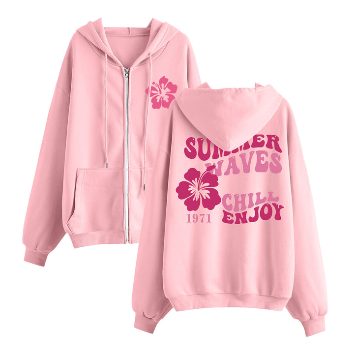 Damen nan entspannter Zip-Hoodie mit tropischem Hibiskus-Print, Kängurutaschen und gerippten Bündchen Drune