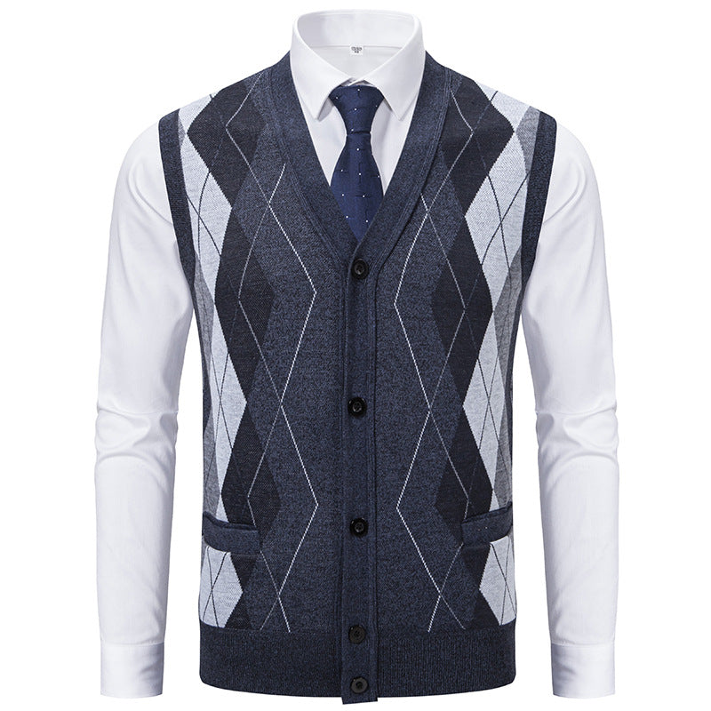 Herren Ärmellose Strickweste mit Rauten‑Muster, V‑Ausschnitt und Knopfleiste Drune