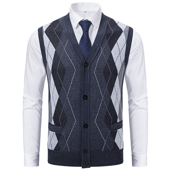 Herren Ärmellose Strickweste mit Rauten‑Muster, V‑Ausschnitt und Knopfleiste Drune
