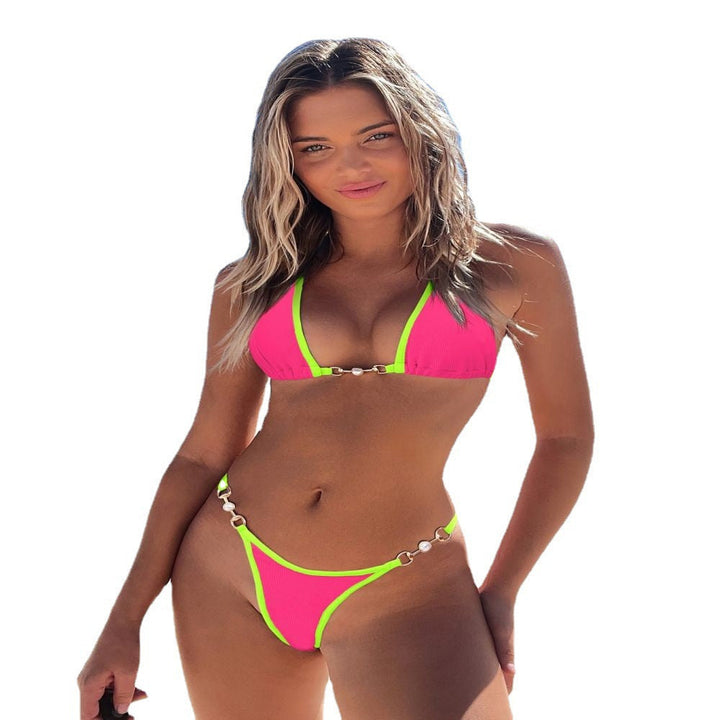 Damen Triangel-Bikini mit modischem Rippdesign und dekorativen Elementen Drune