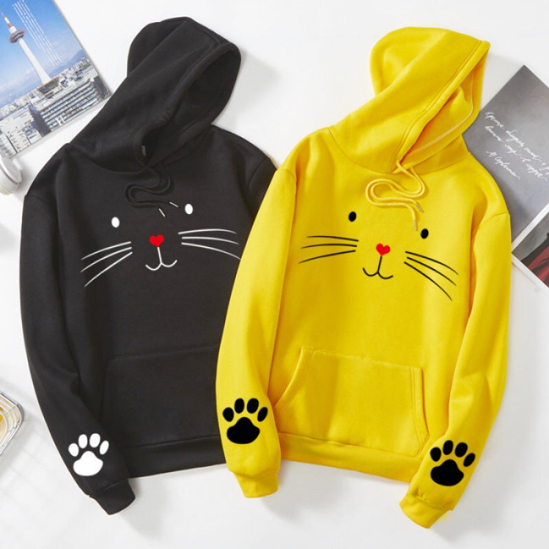 Damen nan Kapuzenpullover mit gedrucktem Katzenmotiv, Kängurutasche und Pfotenapplikationen Drune