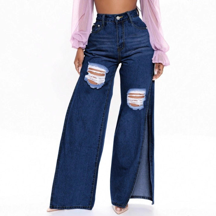 Damen Langer hochgeschnittener Denim-Maxirock mit seitlichem Oberschenkelschlitz und Used-Details Drune