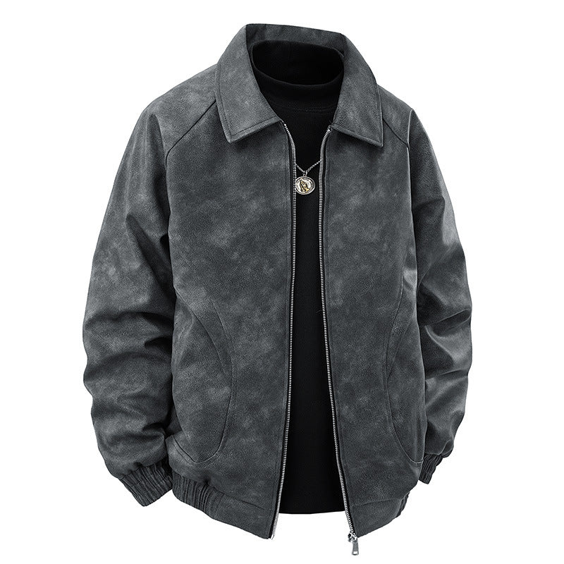 Herren Veloursleder‑Optik Zipjacke im Retro‑Blouson‑Stil mit Kentkragen und elastischem Saum Drune